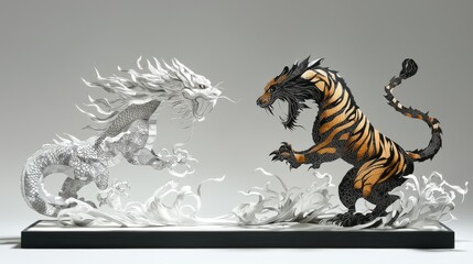 Dramatic standoff of dragon and tiger artistic display gallery modern symbolic representation