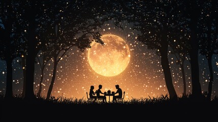 Family celebrating mooncake festival under full moon outdoor gathering papercut art tranquil night festive atmosphere