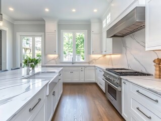 Modern White Kitchen With Marble Countertops And Hardwood Floors