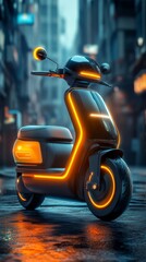 A futuristic scooter with glowing accents parked in a dimly lit urban environment.