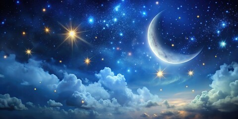 Fototapeta premium Mystical night sky with a crescent moon and twinkling stars, crescent moon, stars, night sky, mystical, dark, celestial
