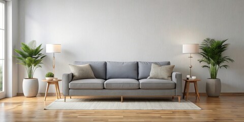 Clean living room with grey sofa, clean, living room, grey, sofa, interior, cozy, minimalist, modern, organized, tidy