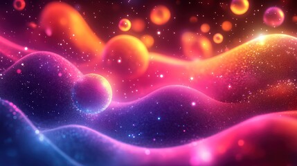 Obraz premium Cosmic Dreamscape: A vibrant abstract artwork featuring glowing particles and celestial forms. An ethereal scene of swirling colors and luminous spheres.