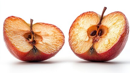 Two Halves of a Red Apple, a Close-up View of the Fruit's Juicy Interior, Seeds, and Texture. A Vibrant and Detailed Image of Freshness and Health.