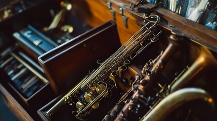 Fototapeta premium Saxophone in Wooden Case: A Musical Still Life