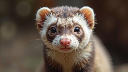 A curious ferret gazes out from under a messy mop of brown and white fur, its bright eyes shining with mischief in the great outdoors