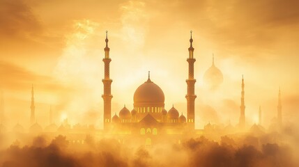 Naklejka premium Traditional Arabic lantern and mosque centerpiece with radiant light and smoke – a serene Ramadan scene