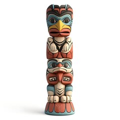 A vibrant 3D rendering of a traditional Native American totem pole, showcasing intricate carvings of animals and human figures against a clean white background.