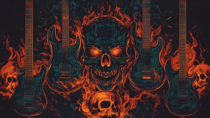 Flaming Guitars Enveloping Skulls In Fiery Embrace