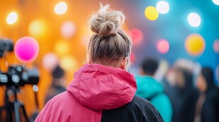 Fototapeta premium Stylish Young Woman in Colorful Jacket with Messy Bun Observing a Vibrant Outdoor Event with Blurry People and Bright Circular Lights in the Background