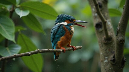 Fototapeta premium A striking close-up of a majestic Eurasian kingfisher, perched on a slender branch with piercing blue crown, its beak agape in mid-song