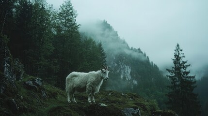 Fototapeta premium Wide Angle Shot of Mountain Goat in Lush Forested Landscape