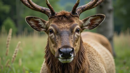 A majestic brown elk fills the frame, its regal face inches from the lens, set against a soft blur of lush green grass and wildflowers