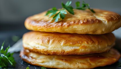 A stack of three golden brown, flatbreads with fresh parsley on top.