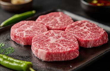 Fototapeta premium Exquisite High-Quality Wagyu Beef Cuts on a Black Slate Plate with Green Chili Peppers Ready for Grilling and Gourmet Cooking in an Elegant Presentation