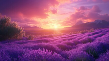 Vibrant Lavender Field at Sunset with Mountain View