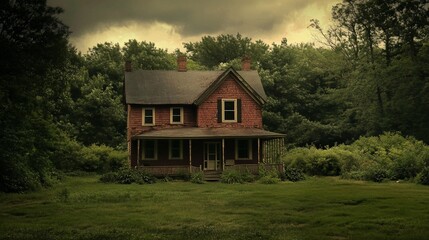 Obraz premium Abandoned brick farmhouse in a lush green field, surrounded by trees under a dramatic sky.