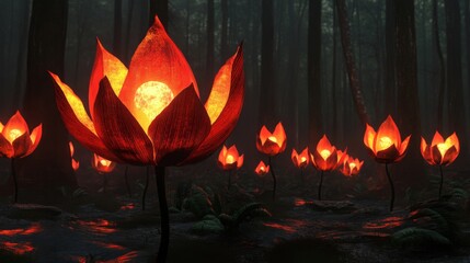 Glowing Fire Flowers in Dark Forest at Night