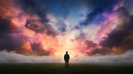 Silhouette of a Man Standing on a Field Against a Dramatic Sky Filled with Colorful Clouds and Textures at Sunset, Evoking a Sense of Wonder and Contemplation