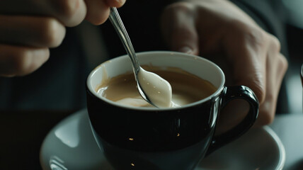 A close-up of a person pouring cream into a cup of coffee, creating delicate swirls as they gently stir it with a spoon, capturing a warm and inviting moment.