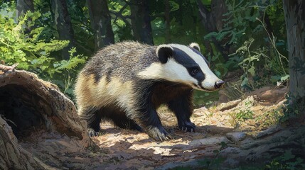 Side Perspective of Badger Near Its Burrow in Woodland Setting