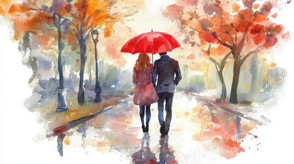 Romantic Couple Walking in Autumn Watercolor Painting