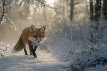 Realistic Portrait of Red Fox Prowling Through Snowy Landscape