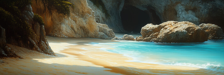 Serene Beach Background with Rocky Lagoon
