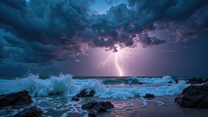 Dramatic skies ablaze with electric blue hues, ominous dark clouds massing above a turbulent sea of grey and white turbulence