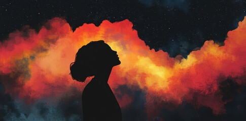 Silhouette Woman Gazing at a Fiery Cosmic Sky