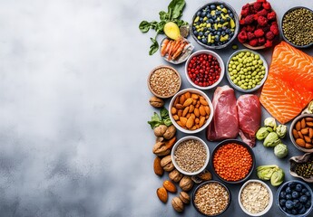 Fresh and Healthy Ingredients Displayed on a Rustic Background, Featuring Salmon, Nuts, Berries, Seeds, and Legumes for Nutrition and Wellness Concepts