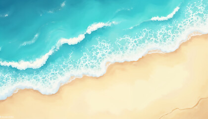 Aerial view of turquoise ocean wave reaching the coastline. Beautiful tropical beach from top view. Andaman sea in Indonesian. Summer holiday vacation concept