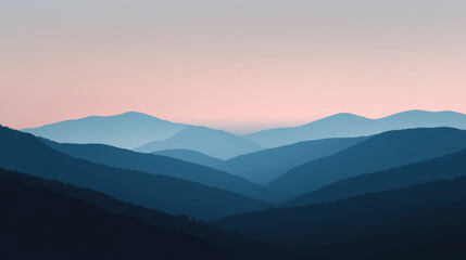 Obraz premium Serene Mountain Silhouette at Dawn: An ethereal vista of layered mountains bathed in the soft glow of a pink and blue dawn.