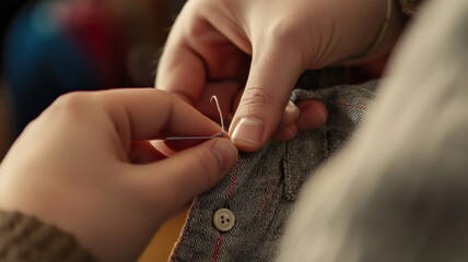 A close-up of a person carefully sewing a button onto a shirt, threading the needle through the fabric with precision. The stitches are neat, and the focus is on the hands and sewing details.
