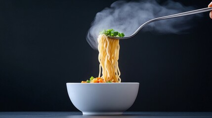 Delicious and Steaming Bowl of Noodles with Fresh Vegetables Lifted by a Fork, Evoking Comfort and Culinary Delight in a Dark Setting
