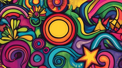 Fototapeta premium 70s poster background vector. retro wall decoration, groovy, trippy, colorful line. Vintage hippie wall art for interior, decorative, banner, cover, card.