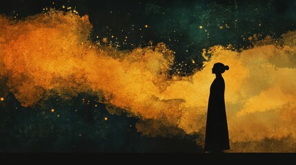 Fototapeta premium Woman Silhouette Against A Golden Celestial Background