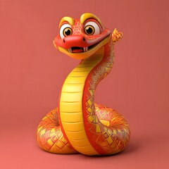 Fototapeta premium Colorful cartoon snake character with bright scales and a friendly expression, ideal for children’s illustrations, animations, and playful designs in a vibrant style.