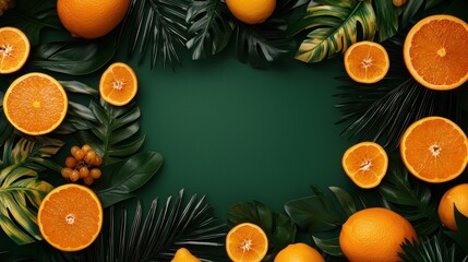 Vibrant citrus fruits surrounded by tropical leaves