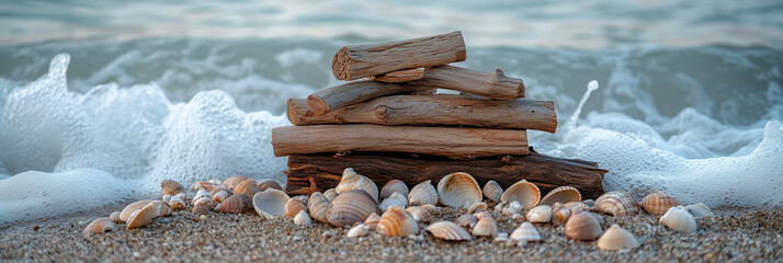 Seashells on Sandy Beach Background