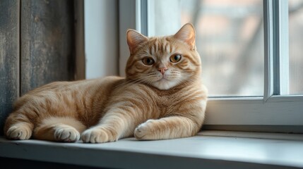 49.Scottish fold ginger cat lying on windowsill at home, Autumn lazy weekend cat at home