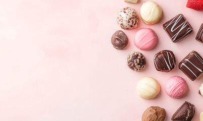 Chocolates on soft pink Background-generative ai