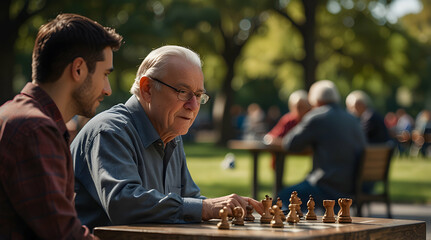 Senior men playing chess outdoors in a park