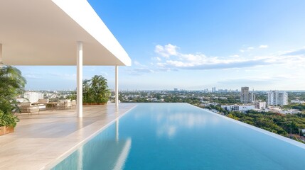 Stunning Infinity Pool with Panoramic City Views and Modern Architecture in a Luxurious Outdoor Space Under a Clear Blue Sky
