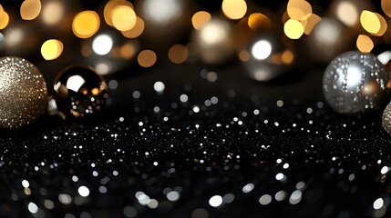 A glittery black surface with silver and gold bokeh lights scattered elegantly, creating a luxurious and dramatic festive ambiance