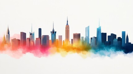 Obraz premium Vibrant Watercolor City Skyline at Sunset with Iconic Architectural Landmarks and Bright Colorful Horizon for Urban Aesthetics and Creative Backgrounds
