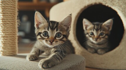 Obraz premium 48.Two playful kittens captured mid-action near a modern cat house, one looking over the side with wide eyes while the other pauses to smell its own paw, with a neutral-toned living room in the