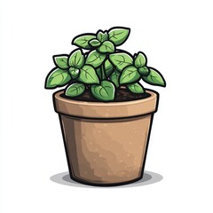 Obraz premium Vibrant Basil Plant in a Brown Pot: A Close-Up Botanical Illustration