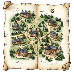 Obraz premium Hand-drawn watercolor illustration of an antique map depicting a quaint village with historical buildings and lush greenery.