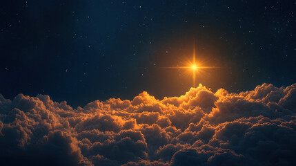 Fototapeta premium Celestial Hope: A single, brilliant star shines through a blanket of clouds, its light illuminating the darkness of night. The scene evokes a sense of hope, faith, and divine presence. 